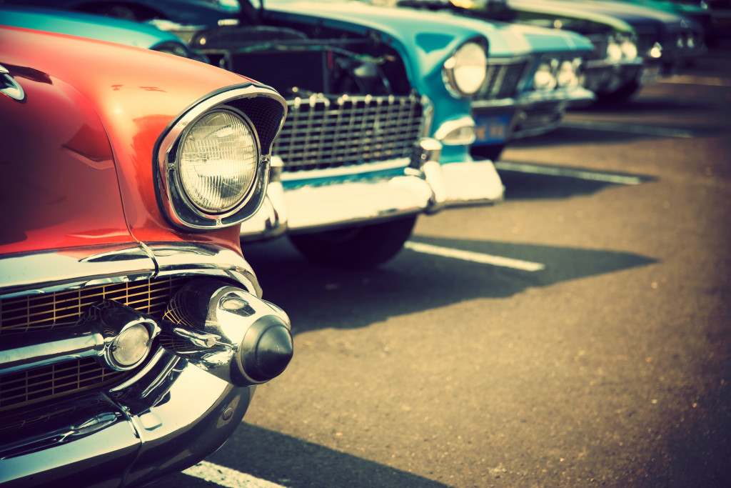 vintage cars in a row