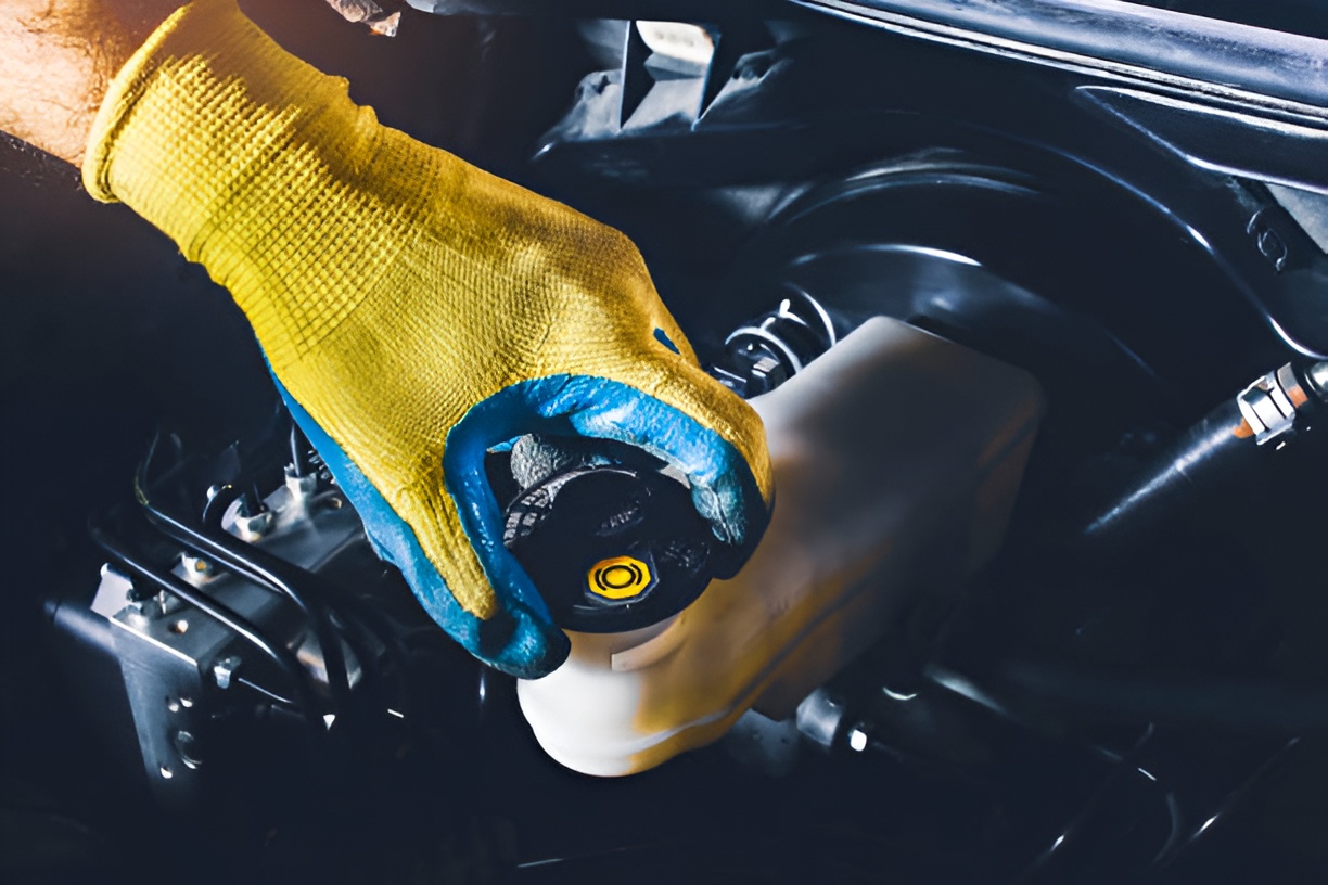 person wearing a yellow glove opening a brake fluid reservoir cap
